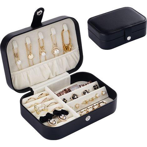 Boîte à bijoux de voyage, boîte à bijoux portable avec miroir, boîte à bijoux pour colliers, bracelets, bagues, boucles d'oreilles, noir