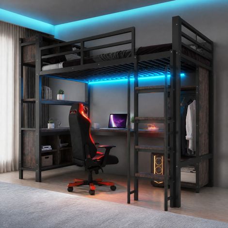 Cama alta 90/200 cm negra con escritorio, armario, LED y enchufes UE (1/5)