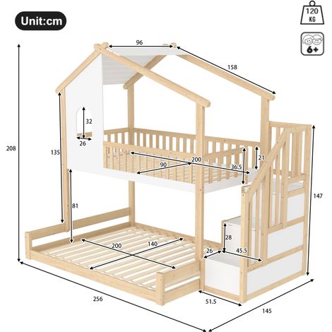 Letto a Castello 3 Posti, Letto a Casetta con Sponde, Scala Contenitore e Finestre, 90 x 200 cm e 140 x 200 cm, senza Materasso (1/4)