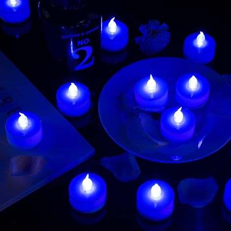 Lot de 6 bougies chauffe-plat LED sans flamme avec lumière bleue – Bougies factices à piles – Sans scintillement (1/5)