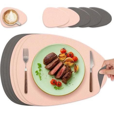 Lot de 6 sets de table ovales lavables en cuir, double face, antidérapants, rose et gris. - Rose+gris - Rose+gris (1/5)