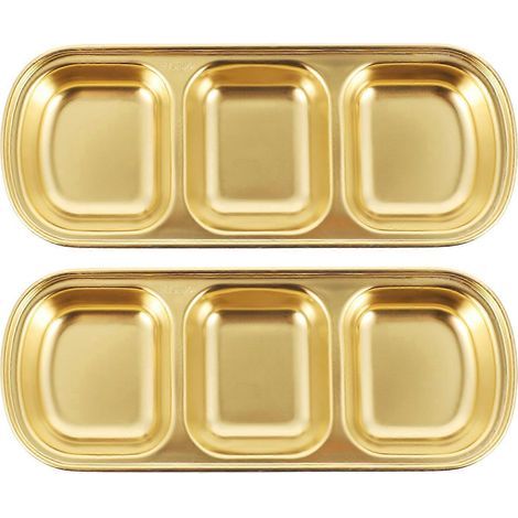 Set bestehend aus 2 Gewürztellern aus Edelstahl, einem dreiteiligen Saucenteller und einer Vorspeisenplatte – 20,50 x 8,00 x 2,00 cm – Gold (1/4)