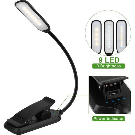 Wiederaufladbare Leselampe mit 9 LEDs, 5 Leuchtmodi, Touch-Bedienung und bis zu 60 Stunden Akkulaufzeit. Erhältlich in Schwarz. (1/5)