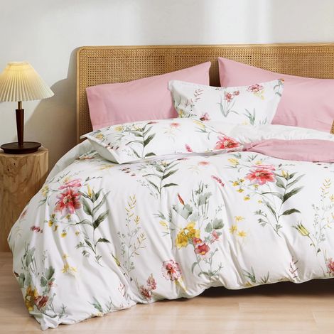 Parure de lit 3 pièces Ultra Douce à Motif Floral pour très Grand lit, Housse de Couette Confortable et Durable avec 2 taies d'oreiller, Fermeture éclair et 8 Attaches, 264,2 x 228,6 cm, Blanc (1/5)