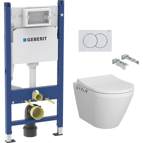 Pack Bati-support Geberit Duofix 112cm + WC sans bride Vitra Integra + Abattant softclose + Plaque blanche (1/5)
