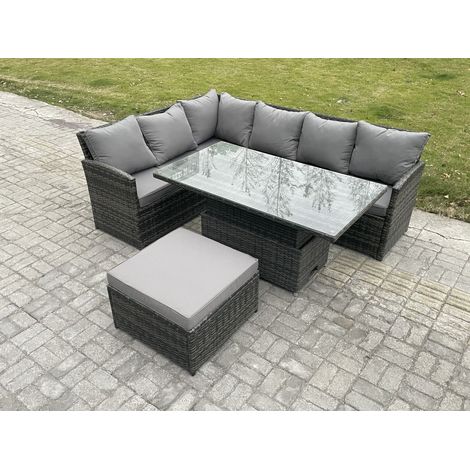 Fimous 7 Sitzer Rattan Gartenmöbel-Sets Hoher Rücken Ecksofa Höhenverstellbarer Esstisch Set mit Großer Fußhocker Dunkelgrau gemischt