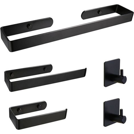 Estante de baño de 5 piezas, toallero de baño negro, enchufable, portarrollos de papel higiénico (1/5)