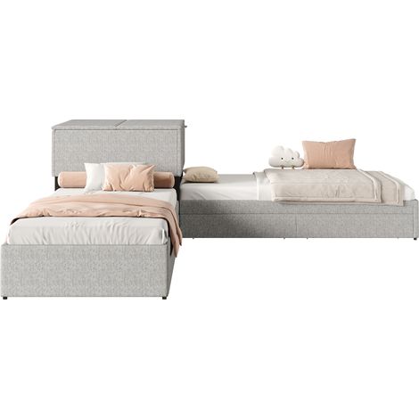 Letto Angolare 3 Posti con Letto Estraibile, Armadio e 2 Cassetti, 90 x 200 cm, senza Materasso, Grigio (1/5)