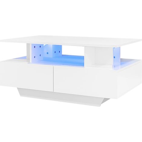 Table basse moderne blanche laquée avec éclairage LED et 2 tiroirs 90x55x41 cm (1/5)