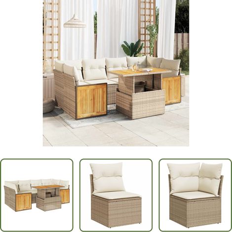 vidaXL Canapé extérieur - Salon de jardin avec coussins 7 pcs beige résine tressée acacia (1/5)