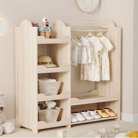 Appendiabiti per bambini con barra appendiabiti e 4 ripiani in legno naturale 110x39x110 cm (1/5)