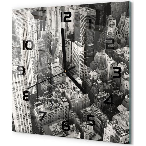 Horloge Murale Carrée Tendance Verre Trempé Silencieuse Déco Salon Maison Vol d'oiseau à New York 30x30 cm (1/5)