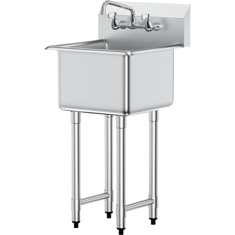 Évier de préparation et utilitaire en acier inoxydable, petit évier autoportant à 1 compartiment avec robinet et pieds, 45,7 x 104,1 cm, usage commercial, idéal pour garage, restaurant, cuisine, buand (1/5)