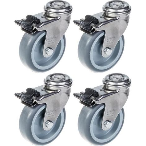 Roulette - Acier inoxydable 75mm - Caoutchouc gris - Frein - Ensemble de 4 (1/4)