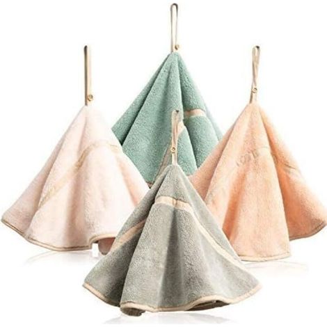 Lot de 4 essuie-Mains à Suspendre avec Boucle de Suspension absorbante en Polaire Corail pour Salle de Bain - Torchon Doux et épais - Essuie-Mains Ronds,4 Couleurs (1/4)