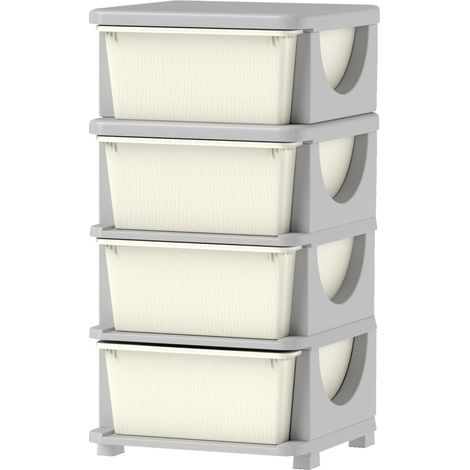 Boîte de rangement enfants 4 tiroirs plastique bords arrondis blanc crème 37x37x76 cm