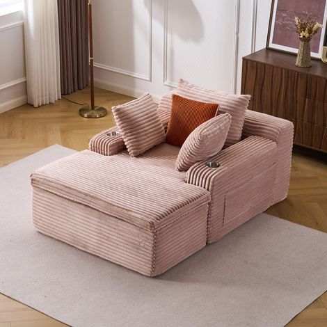Cord Schlafsessel mit Liegefunktion, weiches Loungesofa mit Kissen, Decke und Getränkehaltern, werkzeuglos