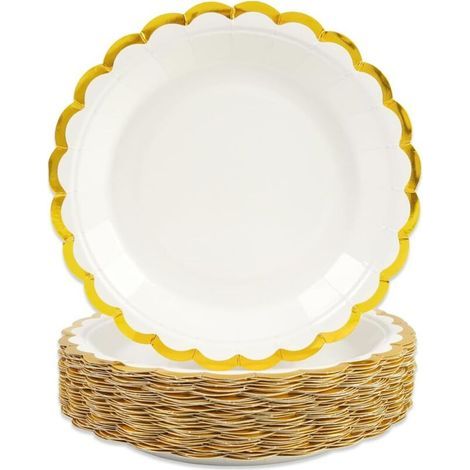 50 Assiettes Jetables. Bordure Festonnée Or Blanc. Carton Alimentaire 18cm. Anniversaire Mariage (1/5)