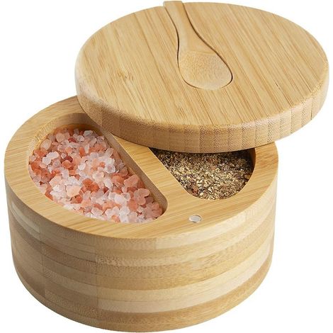 Boîte à épices en bambou avec salière et cuillère intégrées, bol à sel et poivre à 2 compartiments, couvercle à visser (1/5)