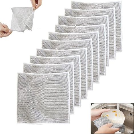 Chiffon de nettoyage - Torchon métallique - Chiffons à récurer - Torchon métallique anti-rayures - Double couche en maille losange pour un drainage et un séchage rapides - Lot de 10 - Argenté (1/5)