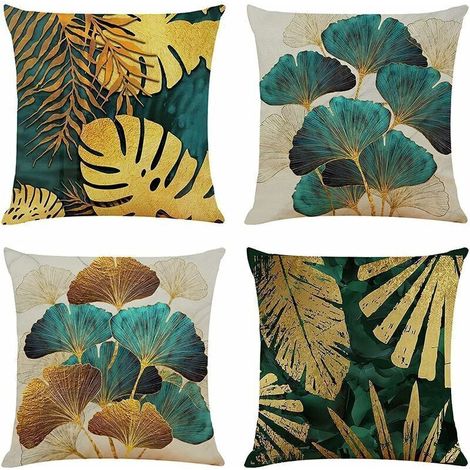 Set mit 4 quadratischen Kissenbezügen (45 x 45 cm) mit grünem und goldenem Blattmuster, Leinen-Sofakissenbezüge für das Wohnzimmer (1/4)
