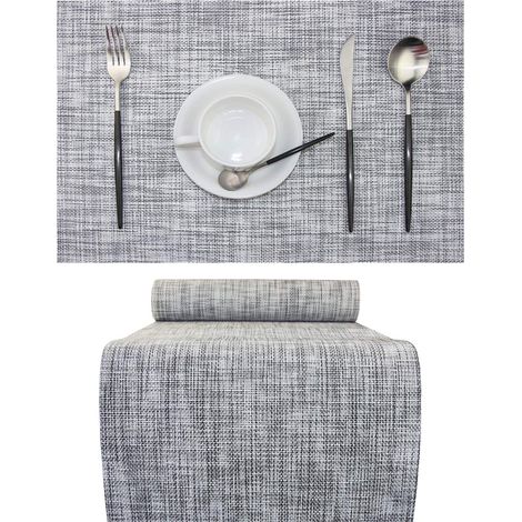 Sets de table avec 6 chemins de table, sets de table en plastique effaçables, en vinyle tissé (6 sets de table + 1 chemin de table, gris) (1/5)