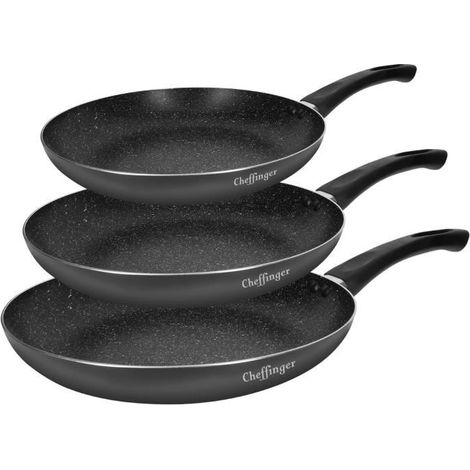Cheffinger Trio de poêles 20/24/28 cm revêtement marbre noir – induction, anti-rayures