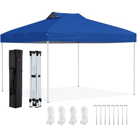 GOPLUS Tonnelle de Jardin Exterieur 3x3 M, Tonnelle Pliante Portable 255/265/275 CM avec Sac Transport, Cordes à Vent et Piquets, Protection Solaire, Toit Ventilé (Bleu)