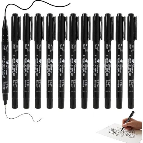 Marqueur Noir Indélébile Double Pointe, 0,5mm + 1mm, Stylo Feutre Permanent Pointe Fine, Marqueur Indélébile pour Verre, Pierre, Bois, Métal, Noir (1/5)
