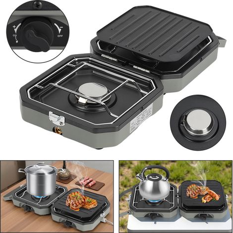Randaco Camping-Gaskocher mit 2 Brennern, klappbar, mit Grillrost und Antihaftplatte, Flammenausfallsicherung, tragbarer Outdoor Kocher für Camping und Reisen