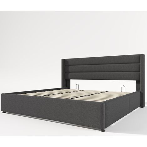 Cama doble hidráulica gris de 180 x 200 cm con somier de láminas de madera y espacio de almacenamiento, para niños y adultos (sin colchón). (1/5)