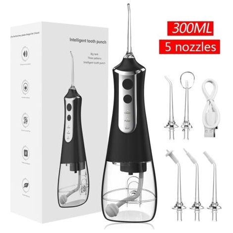 Hydropulseur buccal portable, sans fil et rechargeable, avec 5 modes, 5 embouts, capacité de 300 ml, étanche (IPX7) pour la maison et les voyages