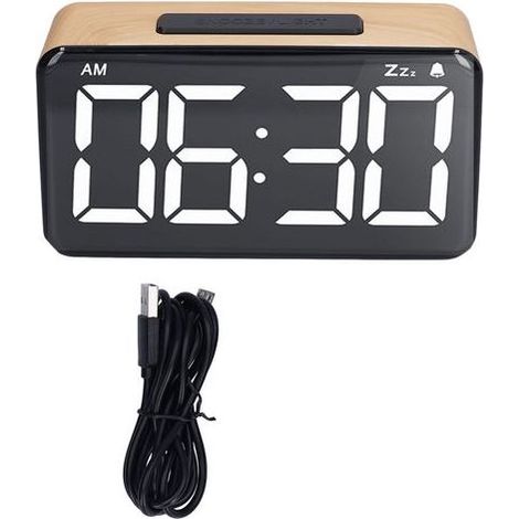 Réveil numérique à écran LED 6 pouces, design bois, chargement USB et alarme silencieuse, décoration élégante. (1/5)