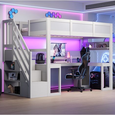 Letto a soppalco gaming 90x200 cm con scrivania, scala contenitore, LED e porta USB bianco (1/5)