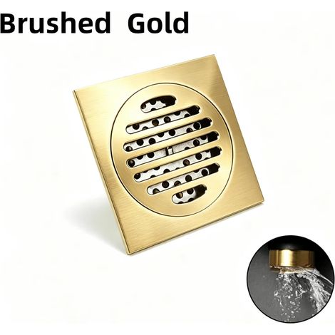 (Brushed Gold)Deluxe Brushed Rose Gold Square 10CM Tile Embedded Hidden Brass Floor Drain Garbage Grille Bathroom Shower Drain (1/4)