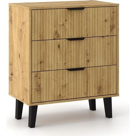 SONIA - Comò 3 cassetti frontali scanalati in stile scandinavo - 70x39x81,5 cm - Mobile contenitore - Rovere