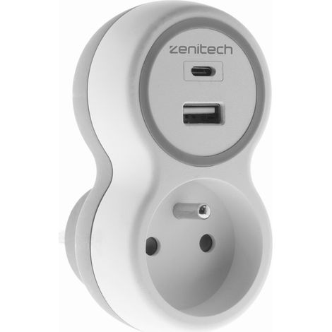 16A-Steckdose mit USB A+C Ladegeräten Weiß und Grau Zenitech