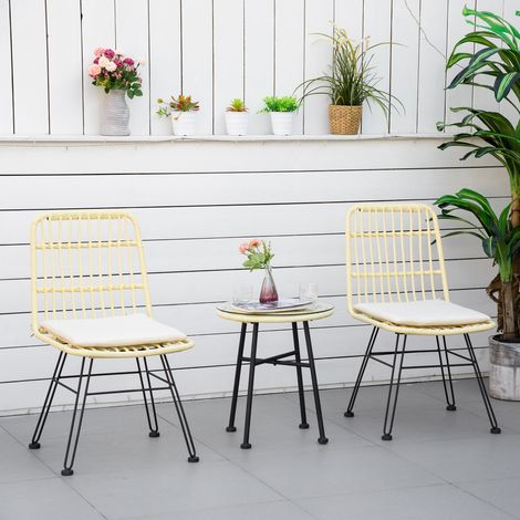 Crème - Ensemble bistro de jardin 3 pièces en rotin PE et acier : table basse verre + 2 chaises, pour cour extérieure, balcon et terrasse