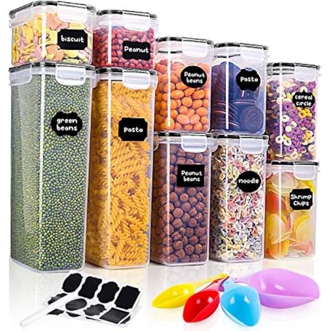 Lot de 10 boîtes de rangement hermétiques en plastique pour aliments : céréales, pâtes, riz, farine, grains (2.8L, 2L, 1.6L, 1.4L, 0.8L) (1/4)