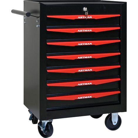 Carrello portautensili in acciaio con 7 cassetti, chiudibile, nero rosso (1/5)