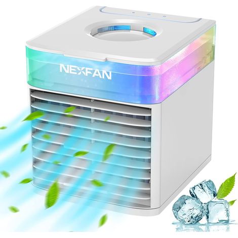 Ventilateur climatiseur portable, mini ventilateur rafraîchisseur d'air personnel avec 3 vitesses, entrée USB et veilleuse 7 couleurs, petit ventilateur de table humidificateur pour la maison, le bure (1/5)