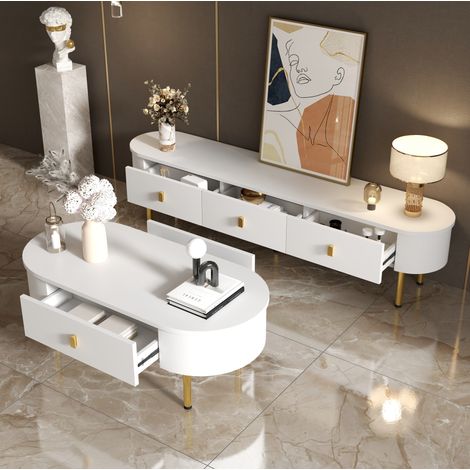 Meuble TV avec table basse, ensemble salon 2 pièces, blanc et doré DESVIAE (1/5)