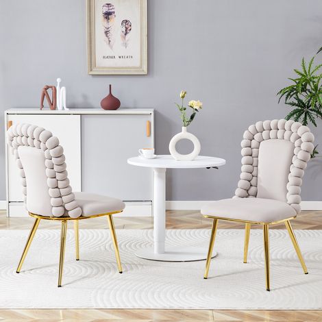 Chaises de salle à manger en velours gris clair, lot de 2, dossier à billes, pieds métal dorés (1/5)
