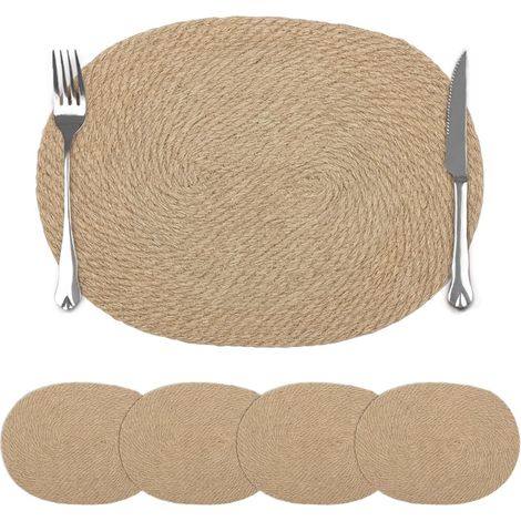 Lot de 4 Sets de Table Naturelle Ovale Tressé, Dessous Table Antidérapants en Paille de Lin Tissé, Dessous Assiette Résistant à la Chaleur pour Cuisine et Salle à Manger Décoration 30x40 cm (1/5)