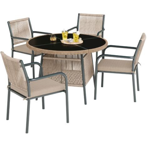 Ensemble de mobilier de jardin en rotin : table ronde + 4 fauteuils, parfait pour la terrasse (1/4)