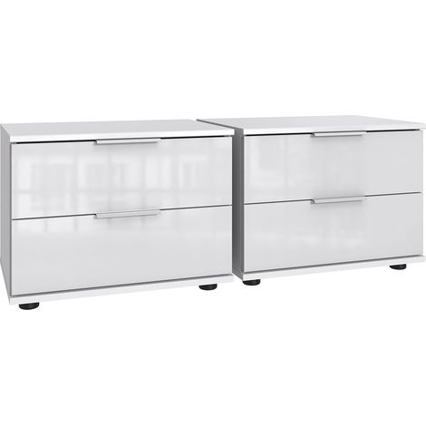 Lot de 2 tables de chevets, table de nuits avec 2 tiroirs coloris blanc, verre blanc  - Longueur 104 x Hauteur 40 x Profondeur 38 cm (1/2)