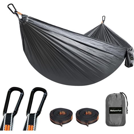 Hamac Ultra-léger de Voyage Camping 300 kg Capacité de Charge,(275 x 140 cm) Nylon à Parachute 2 x Mousquetons de qualités, 2 x Sangles de Nylon pour Jardin d'interieur/extérieur Gris (1/5)