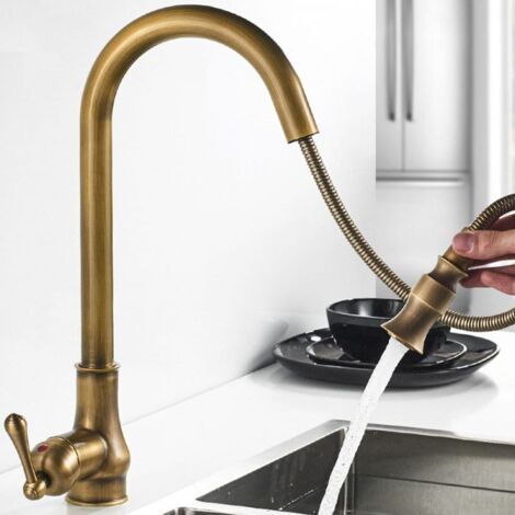 Robinet de cuisine en laiton antique en bronze antique, robinets mélangeurs répandus en cuivre monotrou avec pulvérisateur rétractable (1/4)