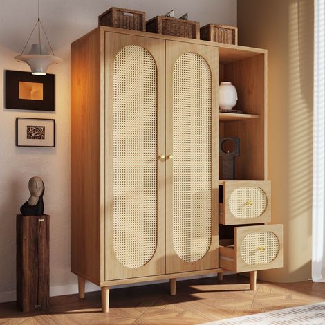 Armoire de rangement en bois 161 x 120 x 44 cm Garde-robe 2 portes, 2 tiroirs étagères ouvertes et tringle à vêtements Chêne (1/5)