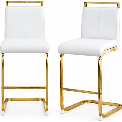Set di 2 sgabelli da bar nordici in PU bianco con gambe metalliche dorate (1/5)